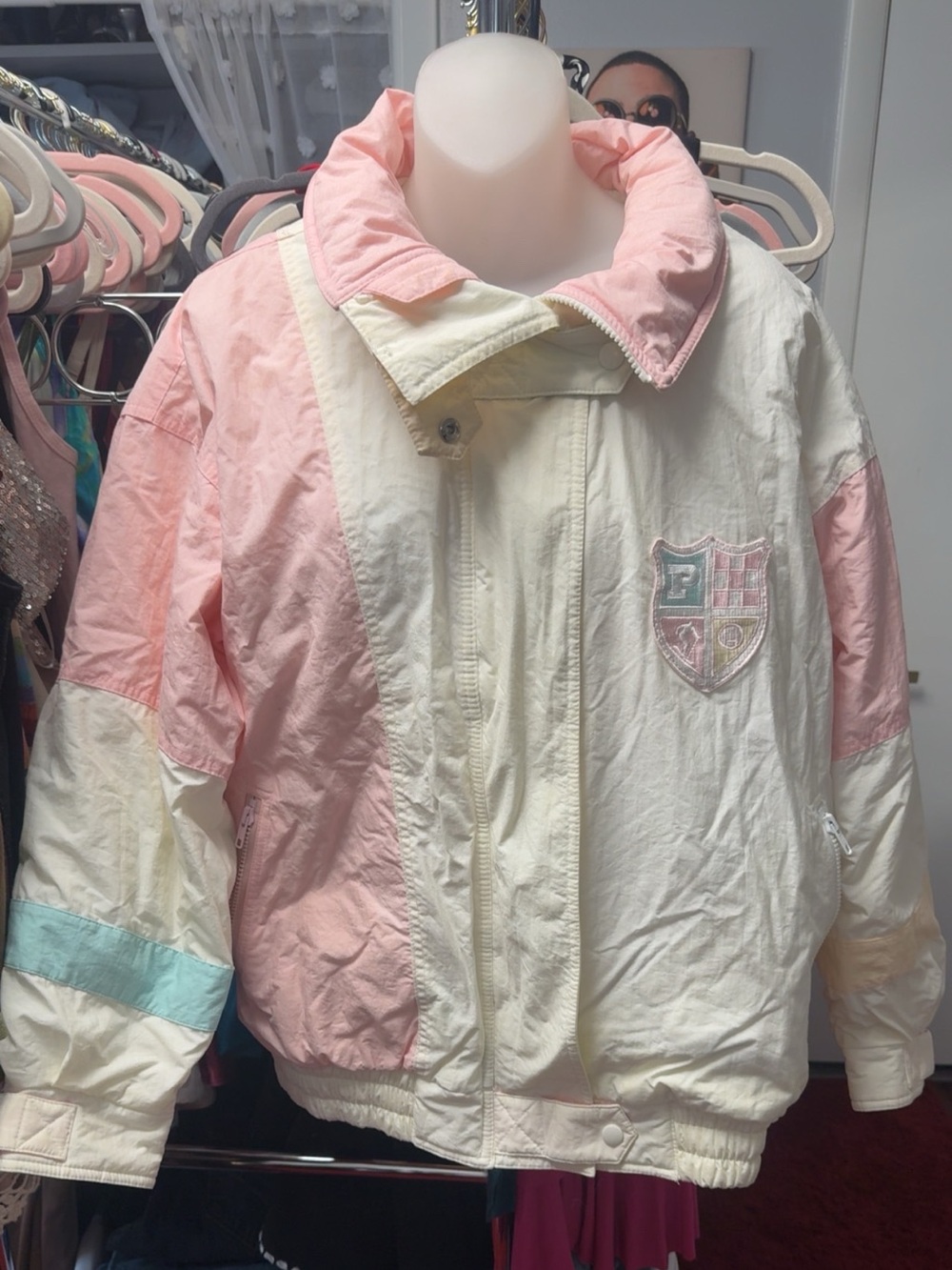 Vintage 1980s PROFILE Women’s Colorblock Pink & Cream Ski Puffer Jacket